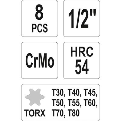 YATO Torx-voimahylsysarja 1/2" TX30-TX80, 8-os